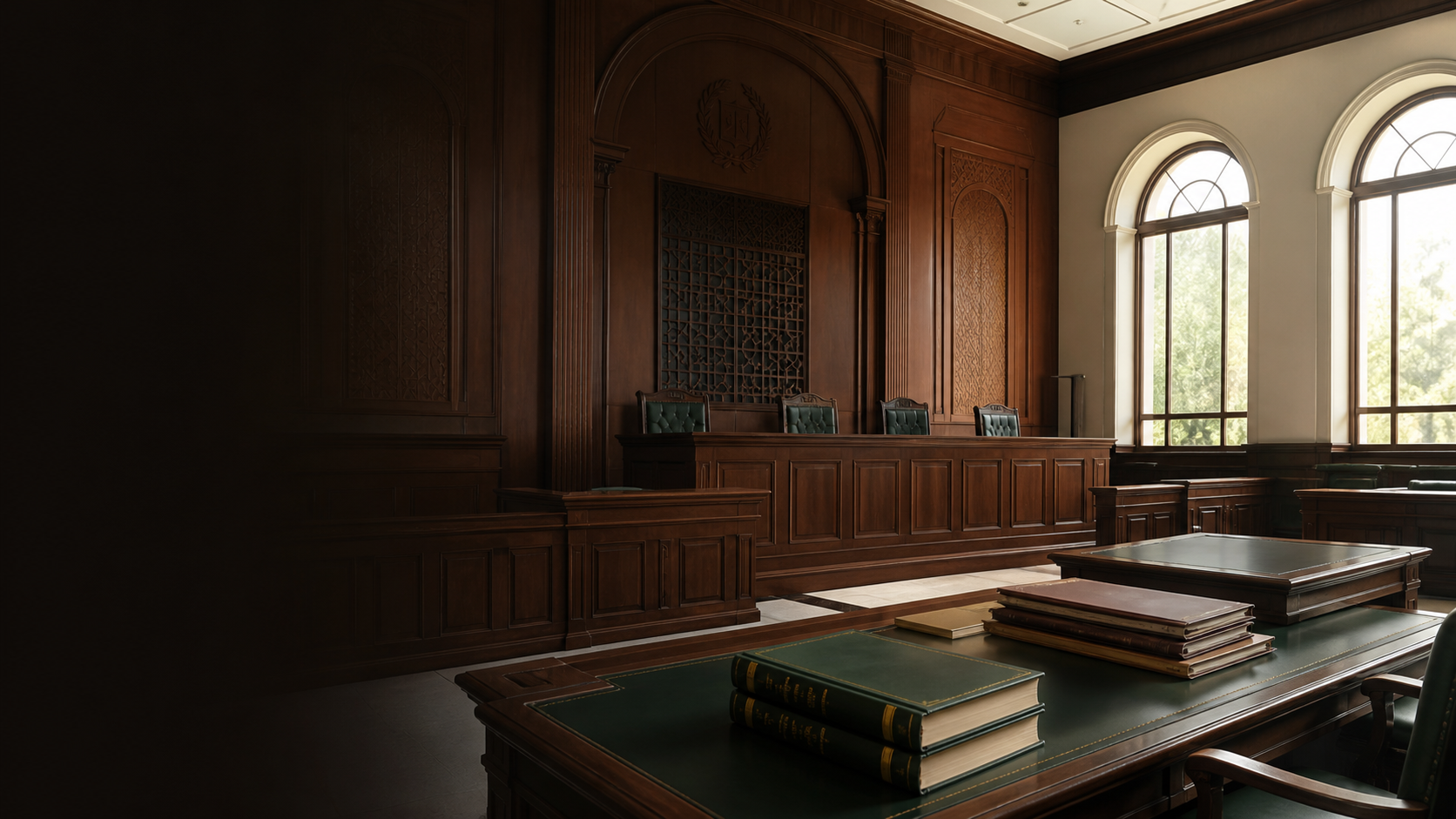 Empty courtroom with legal books